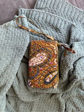Vera Bradley Quilted Paisley Wristlet in Mustard and Pink